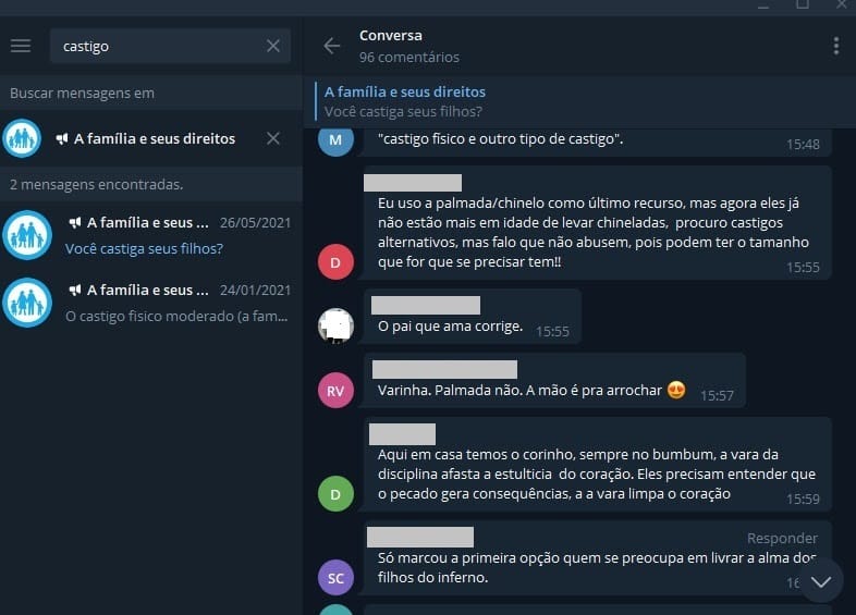Print do grupo de Moreira sobre homeschooling no Telegram onde inscritos defendem o uso de castigos físicos